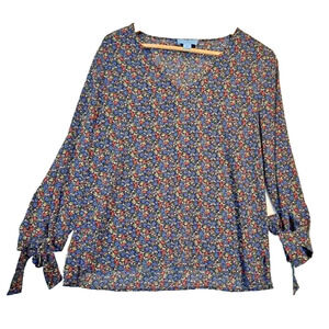 CeCe Top Womens M‎ Bow Floral Peasant Blouse V-Neck Blue